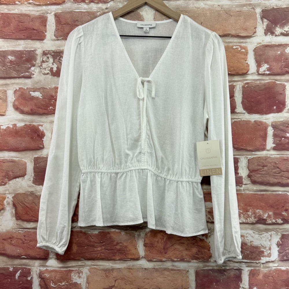 Calligraphie Top Women's Small Plain White Linen Blend Chic Tie Front Shirt